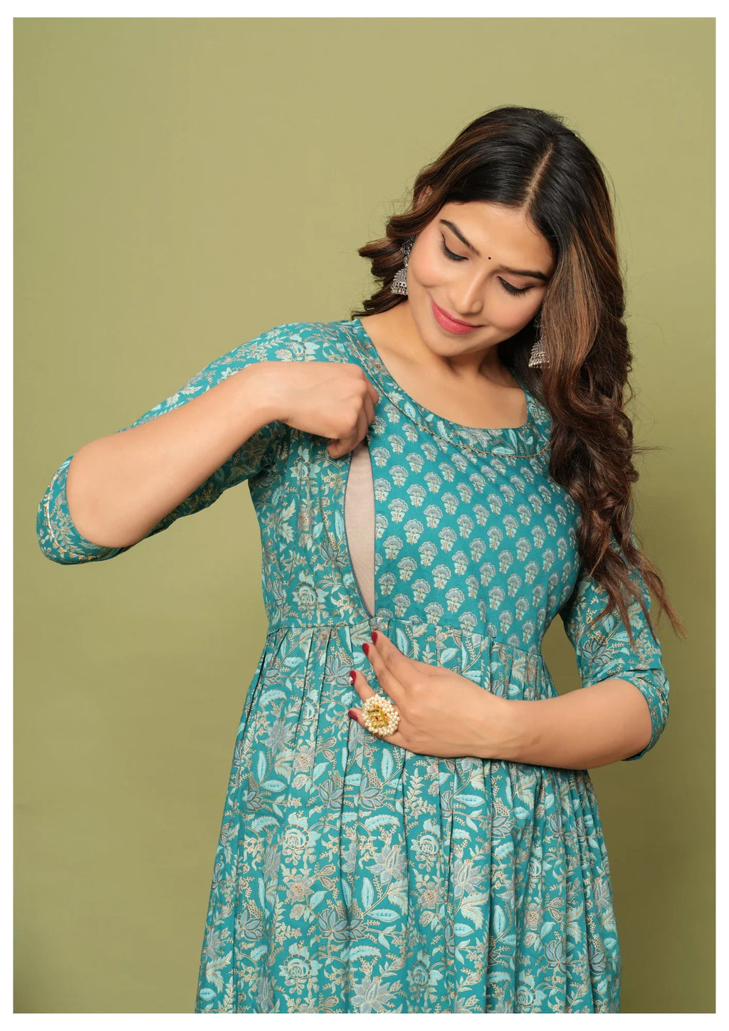 Teal Floral Printed Anarkali Dress with 3/4 Sleeves