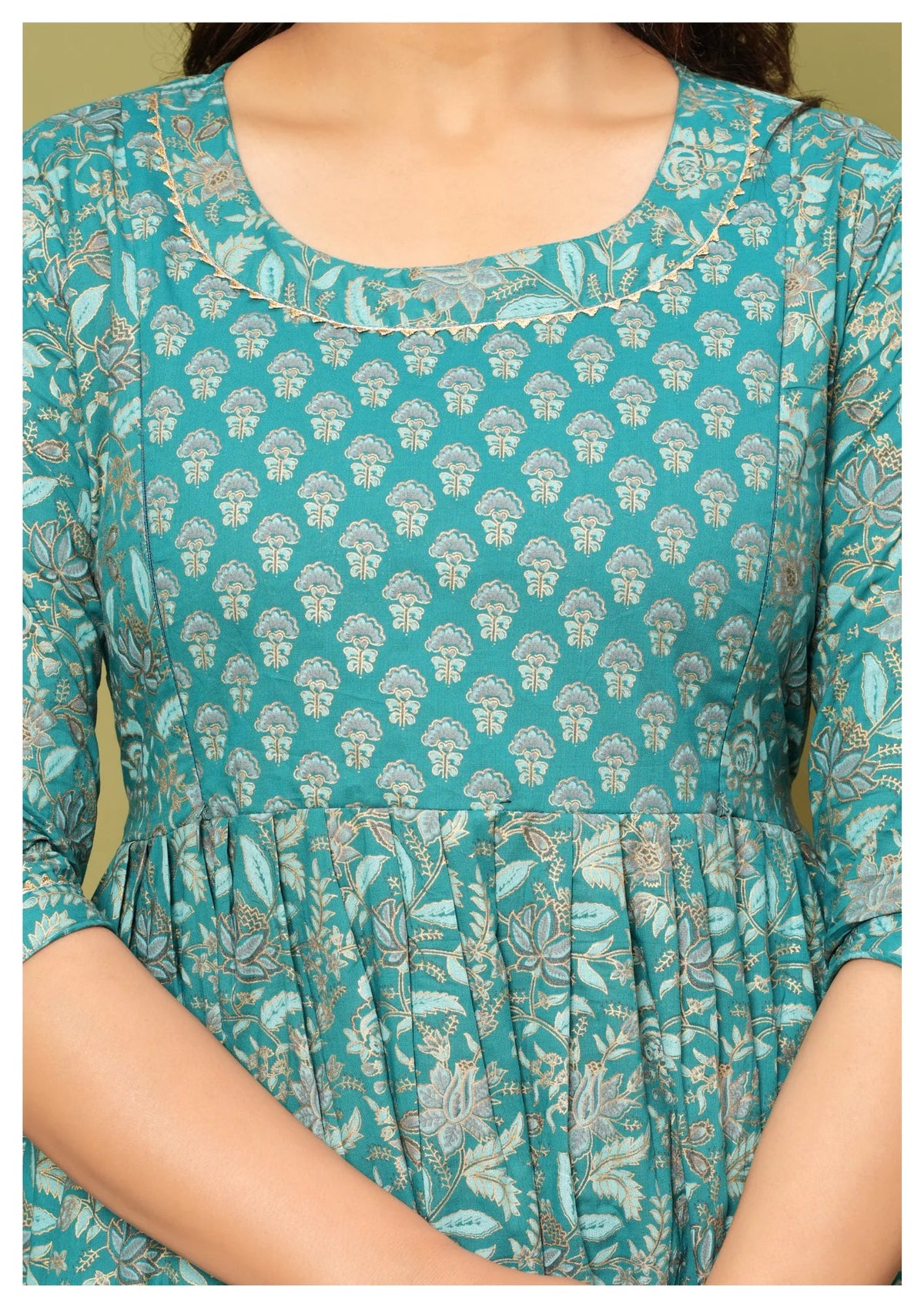 Teal Floral Printed Anarkali Dress with 3/4 Sleeves