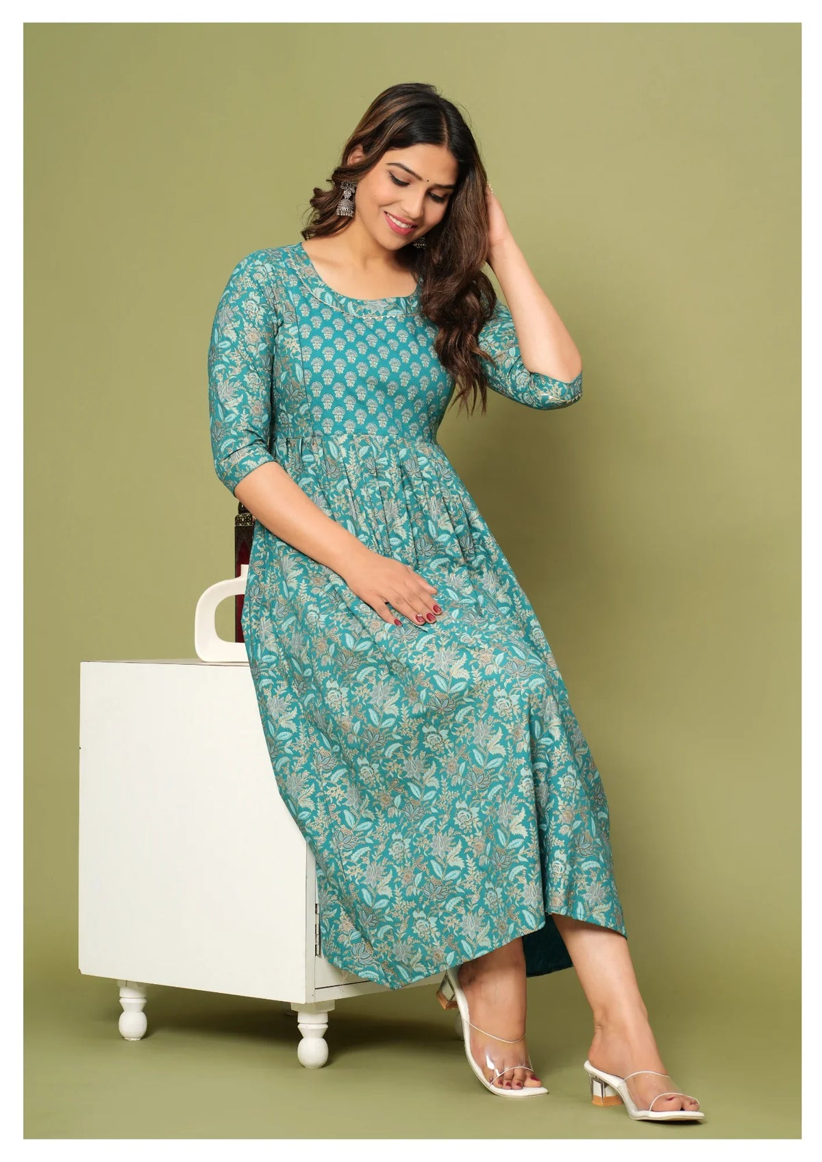 Teal Floral Printed Anarkali Dress with 3/4 Sleeves