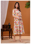 Cream Floral Print Maternity & Feeding Gown with Concealed Zip