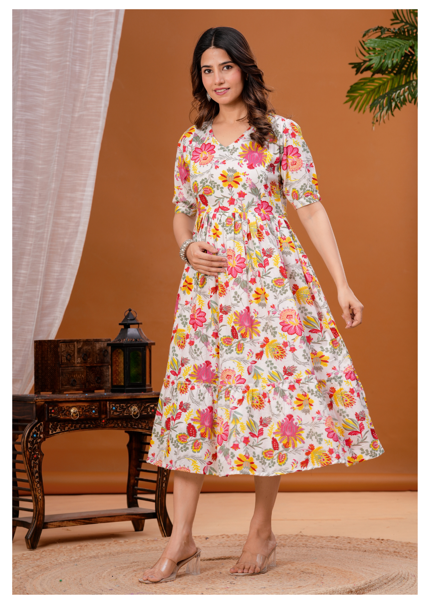 Cream Floral Print Maternity & Feeding Gown with Concealed Zip