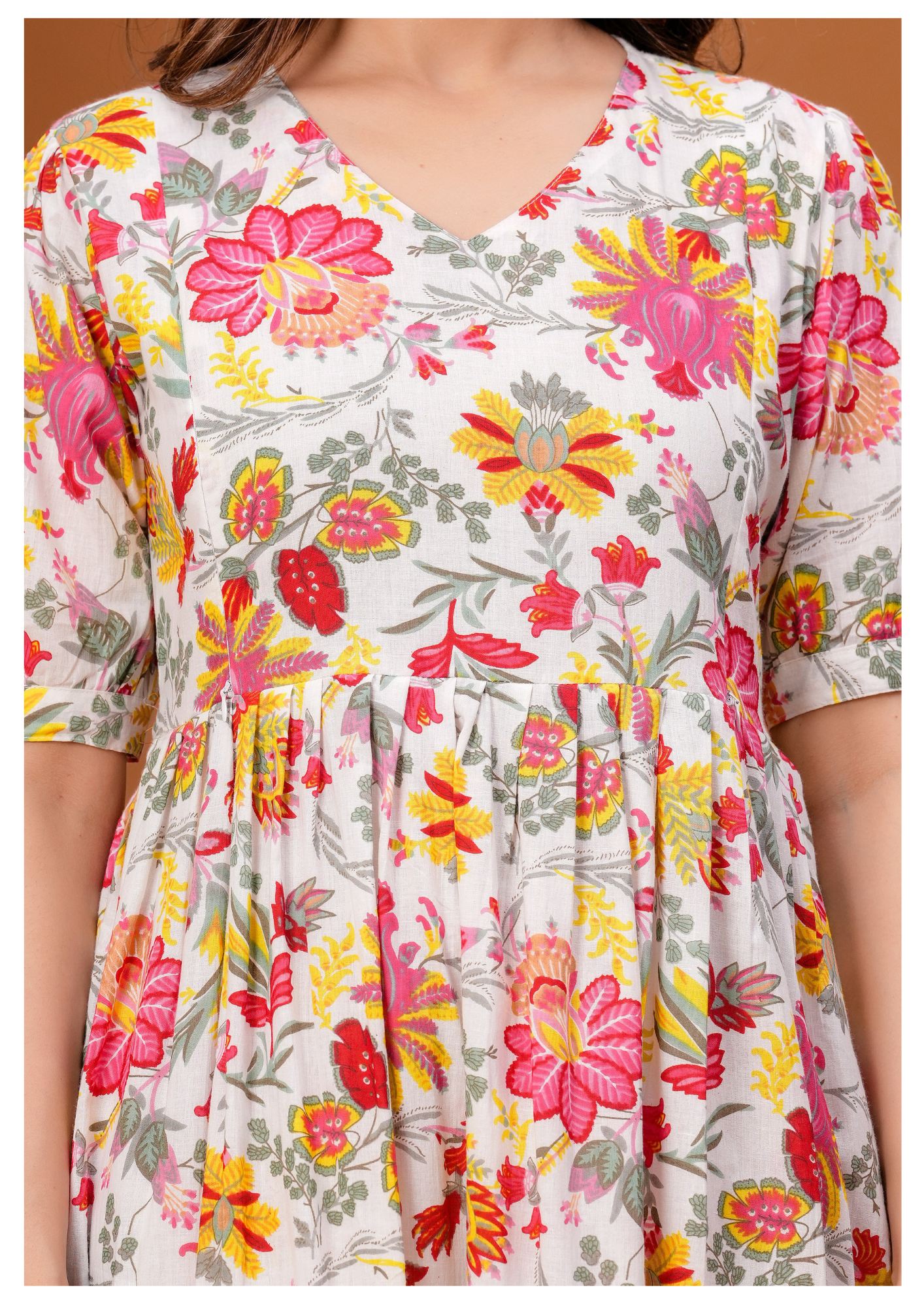 Cream Floral Print Maternity & Feeding Gown with Concealed Zip