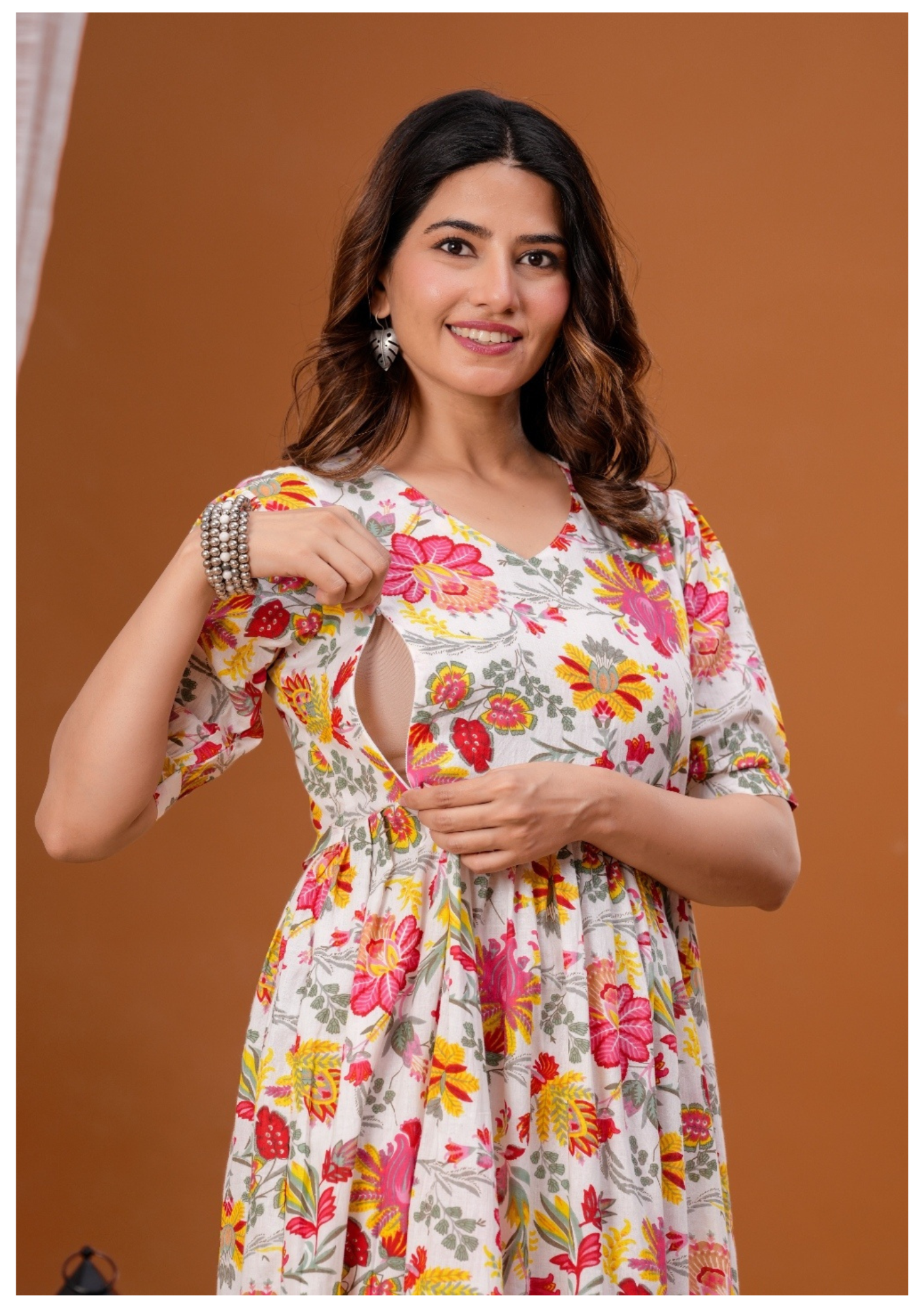 Cream Floral Print Maternity & Feeding Gown with Concealed Zip