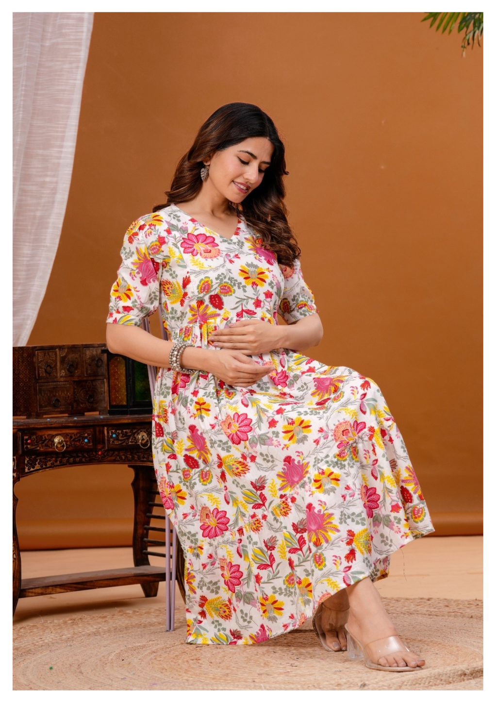 Cream Floral Print Maternity & Feeding Gown with Concealed Zip