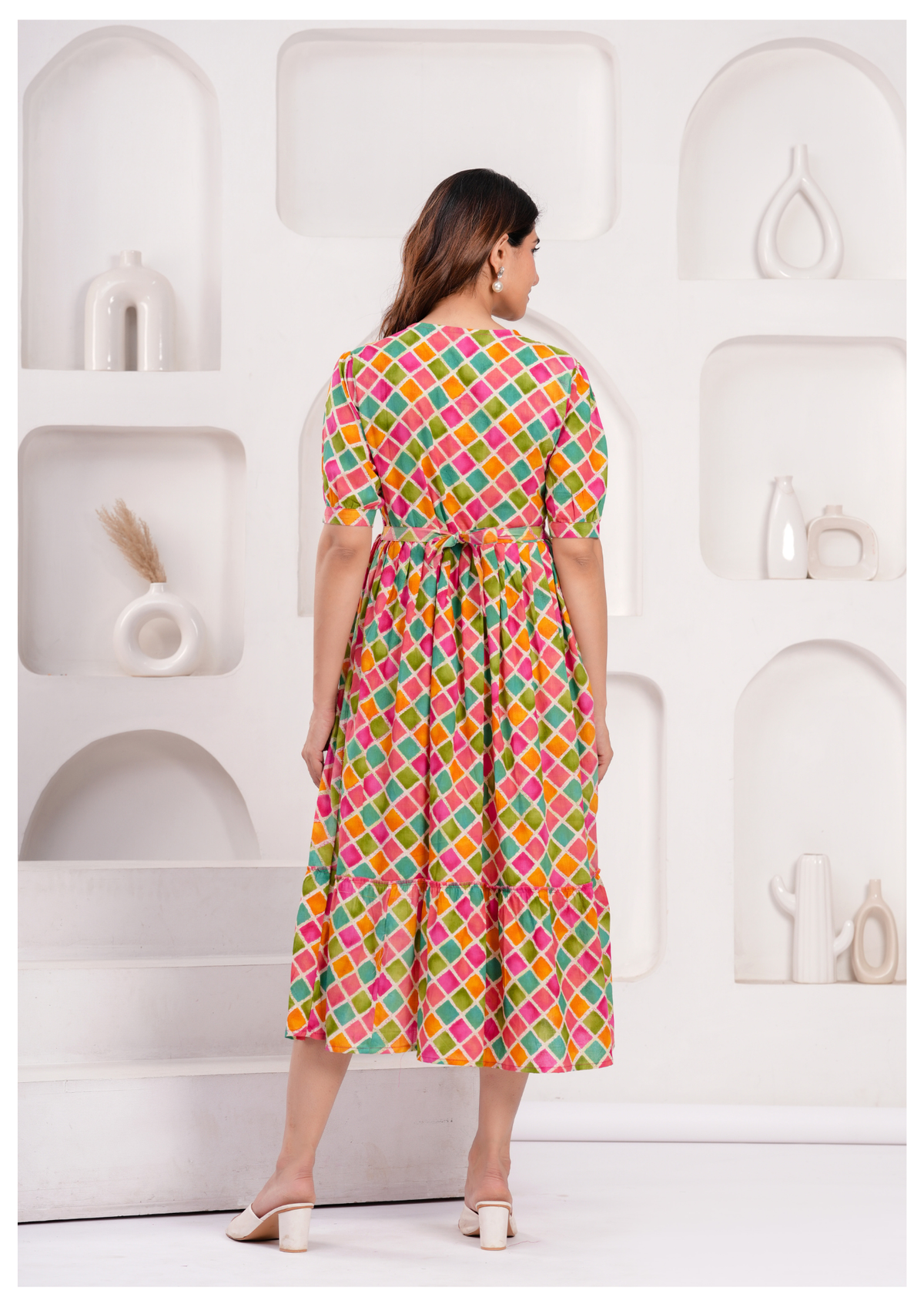 Multicolor Diamond Print Maternity & Feeding Gown with Concealed Zip.