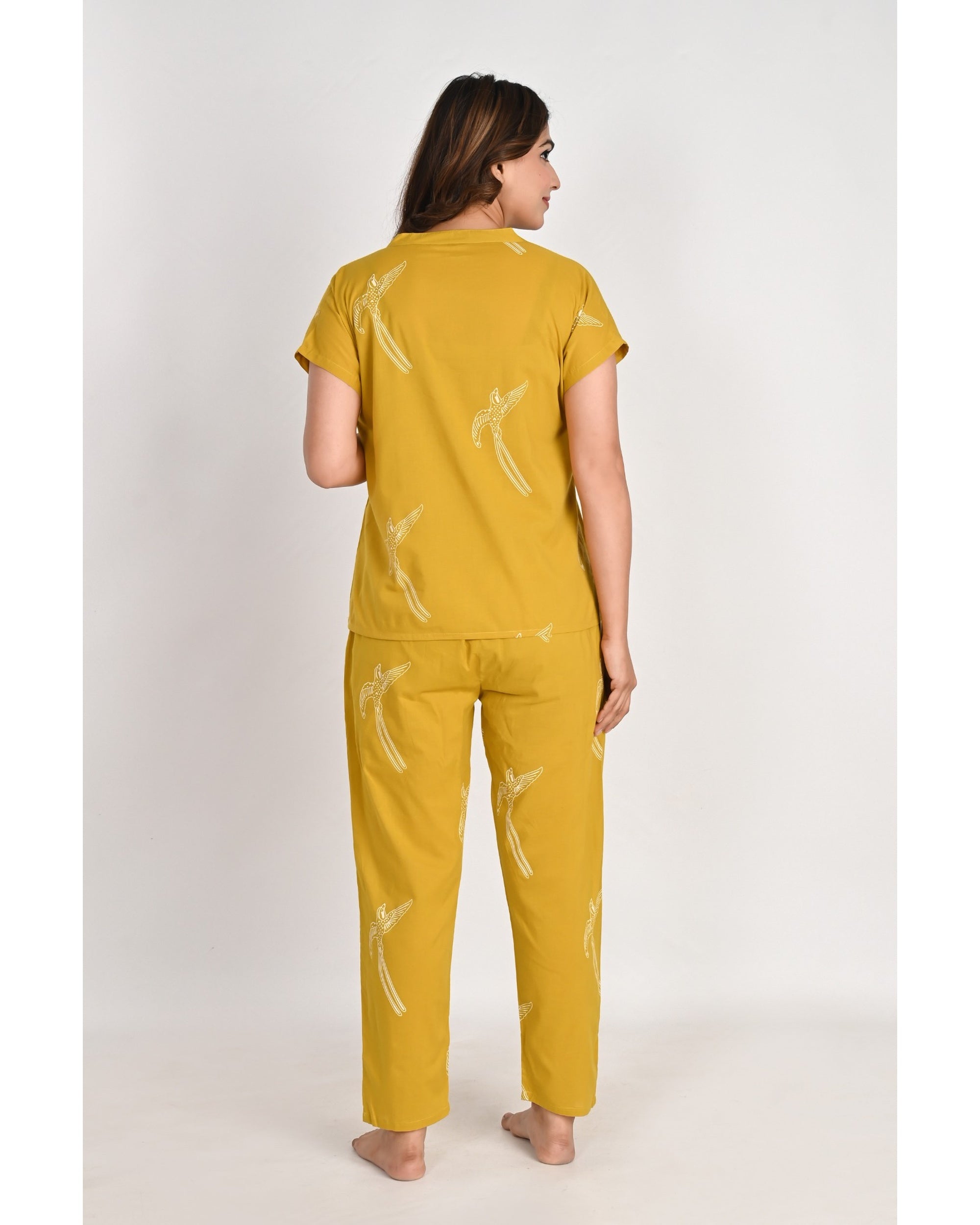 Women’s Relaxed Fit Mustard Bird Pattern Nightwear Set