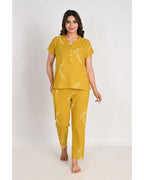 Women’s Relaxed Fit Mustard Bird Pattern Nightwear Set
