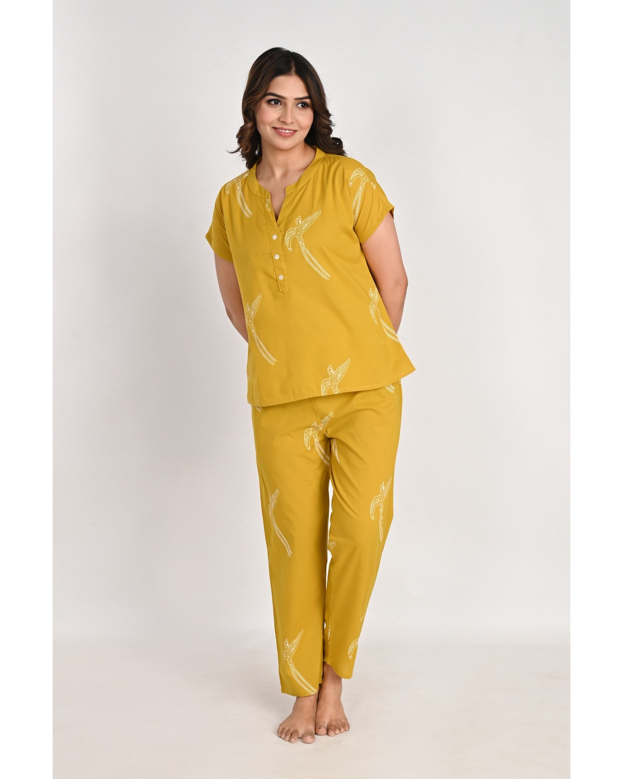 Women’s Relaxed Fit Mustard Bird Pattern Nightwear Set