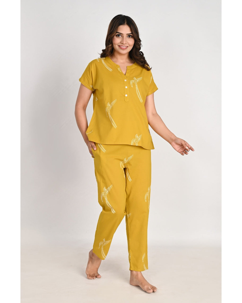 Women’s Relaxed Fit Mustard Bird Pattern Nightwear Set
