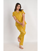 Women’s Relaxed Fit Mustard Bird Pattern Nightwear Set