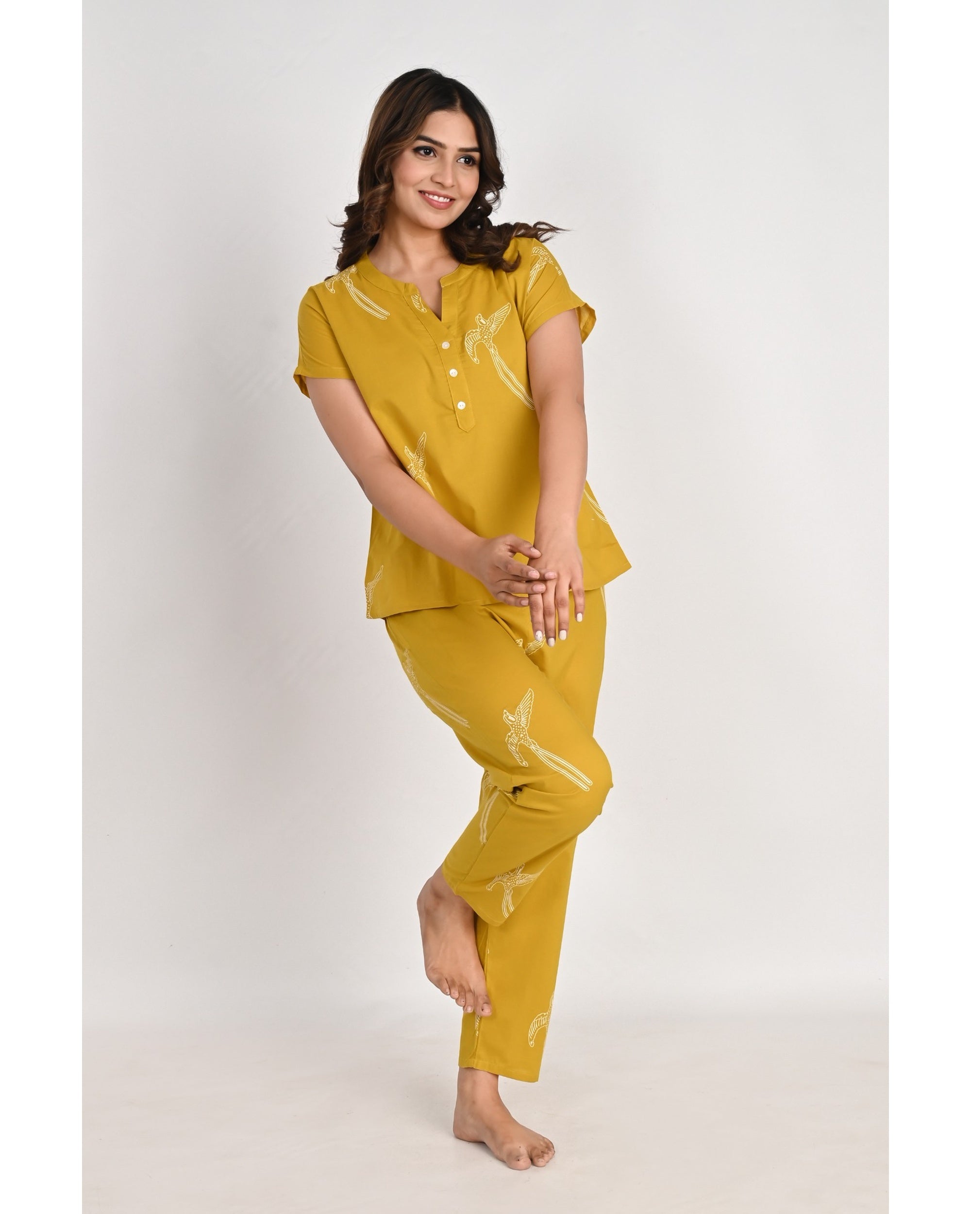 Women’s Relaxed Fit Mustard Bird Pattern Nightwear Set