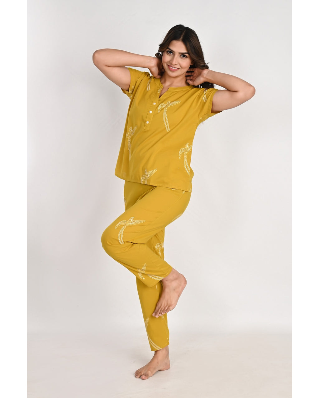 Women’s Relaxed Fit Mustard Bird Pattern Nightwear Set