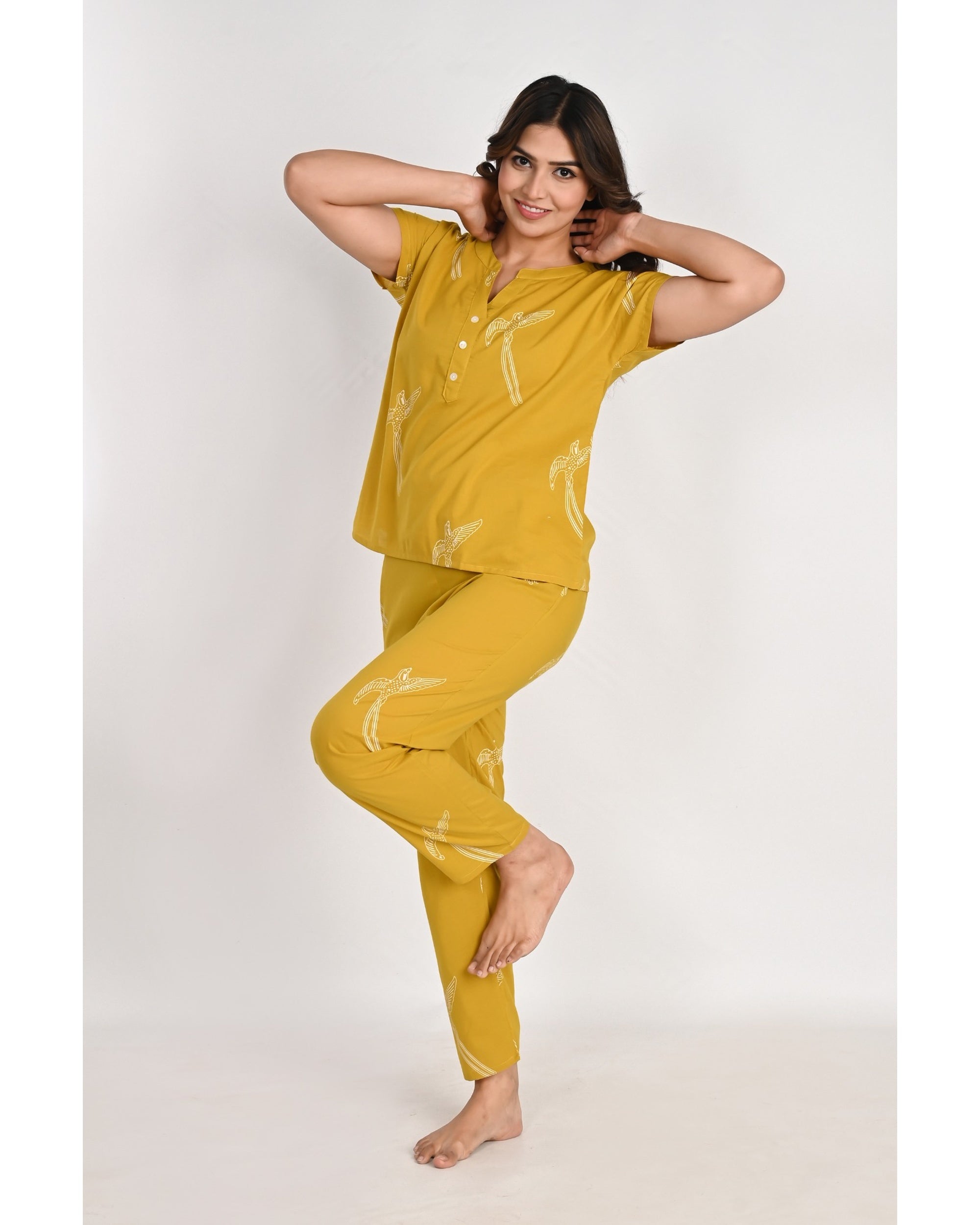 Women’s Relaxed Fit Mustard Bird Pattern Nightwear Set