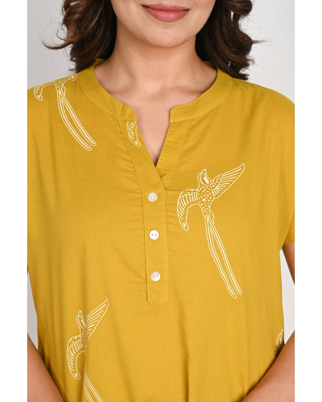 Women’s Relaxed Fit Mustard Bird Pattern Nightwear Set