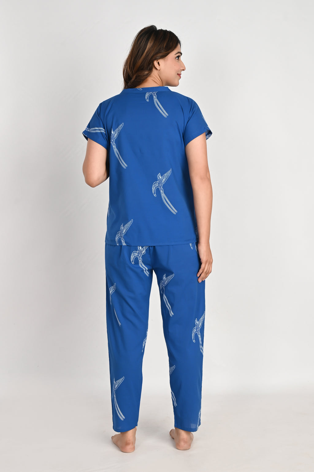 Blue Bird Print Cotton Night Suit Set for Women