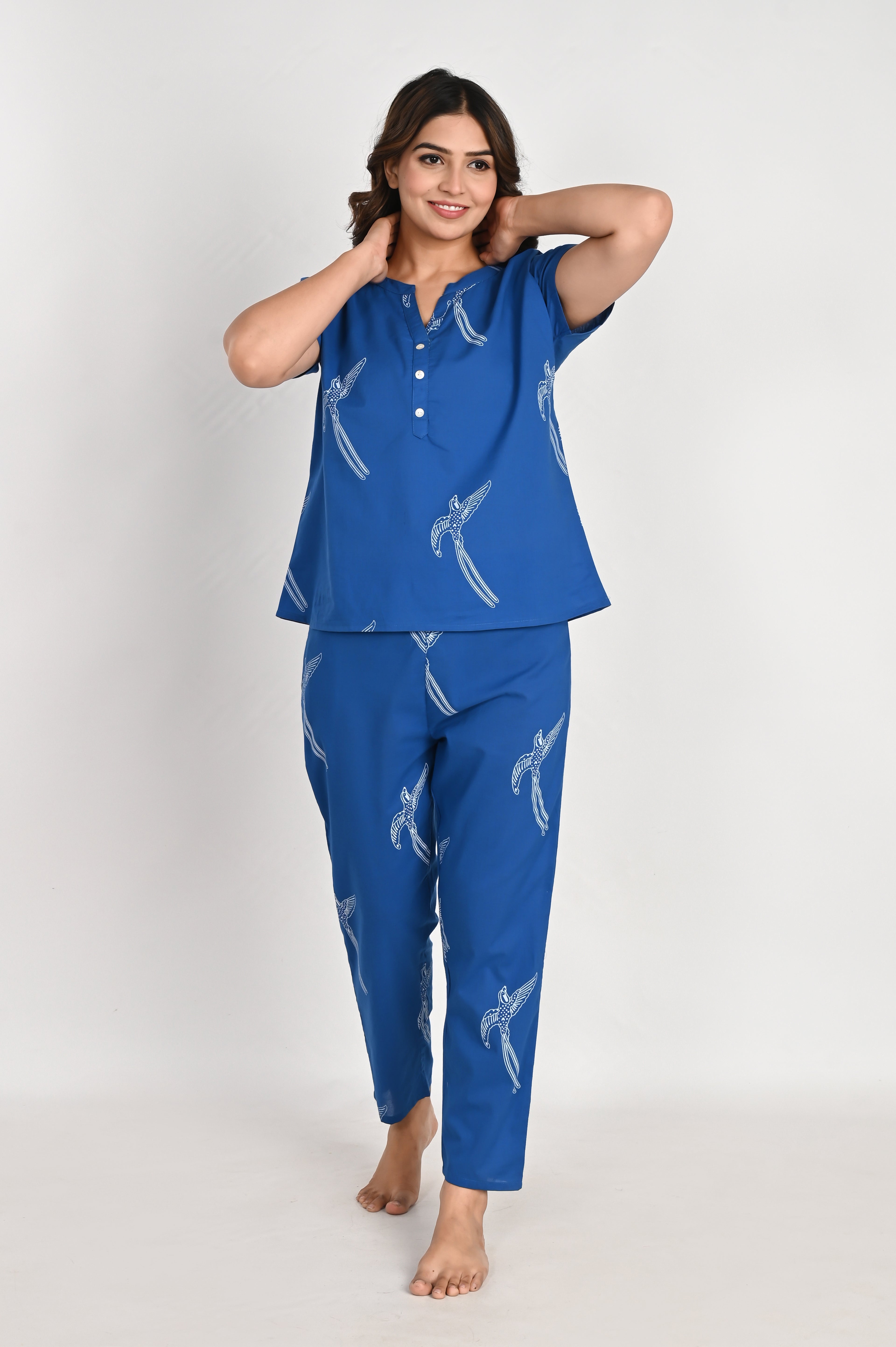 Blue Bird Print Cotton Night Suit Set for Women