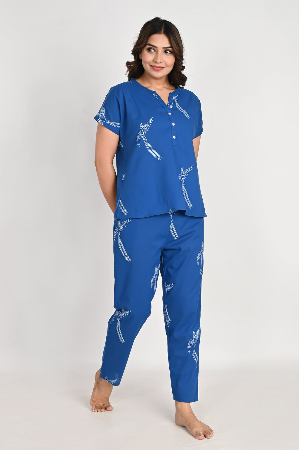 Blue Bird Print Cotton Night Suit Set for Women