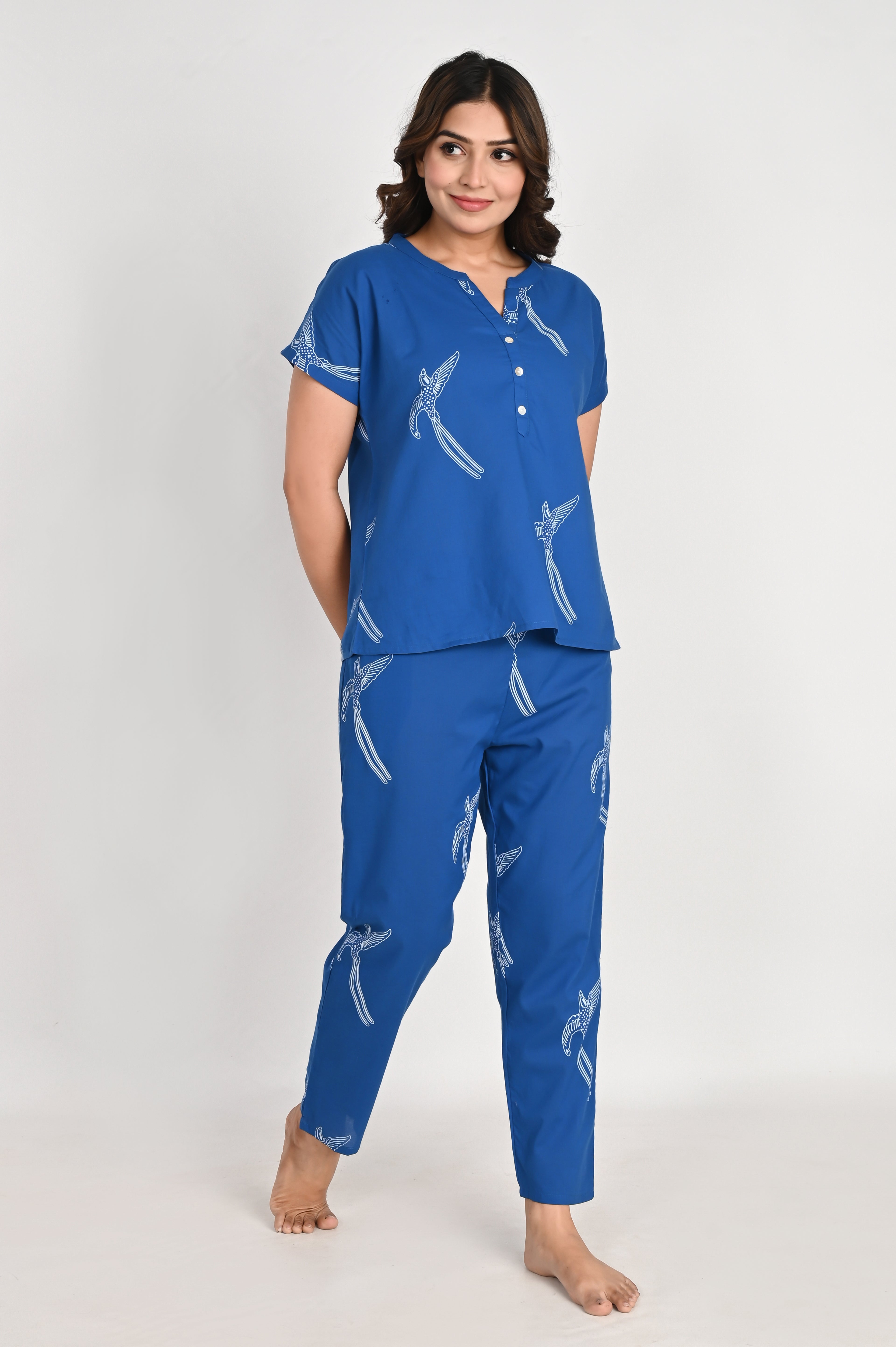 Blue Bird Print Cotton Night Suit Set for Women
