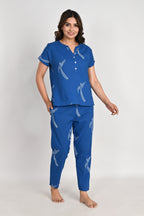 Blue Bird Print Cotton Night Suit Set for Women