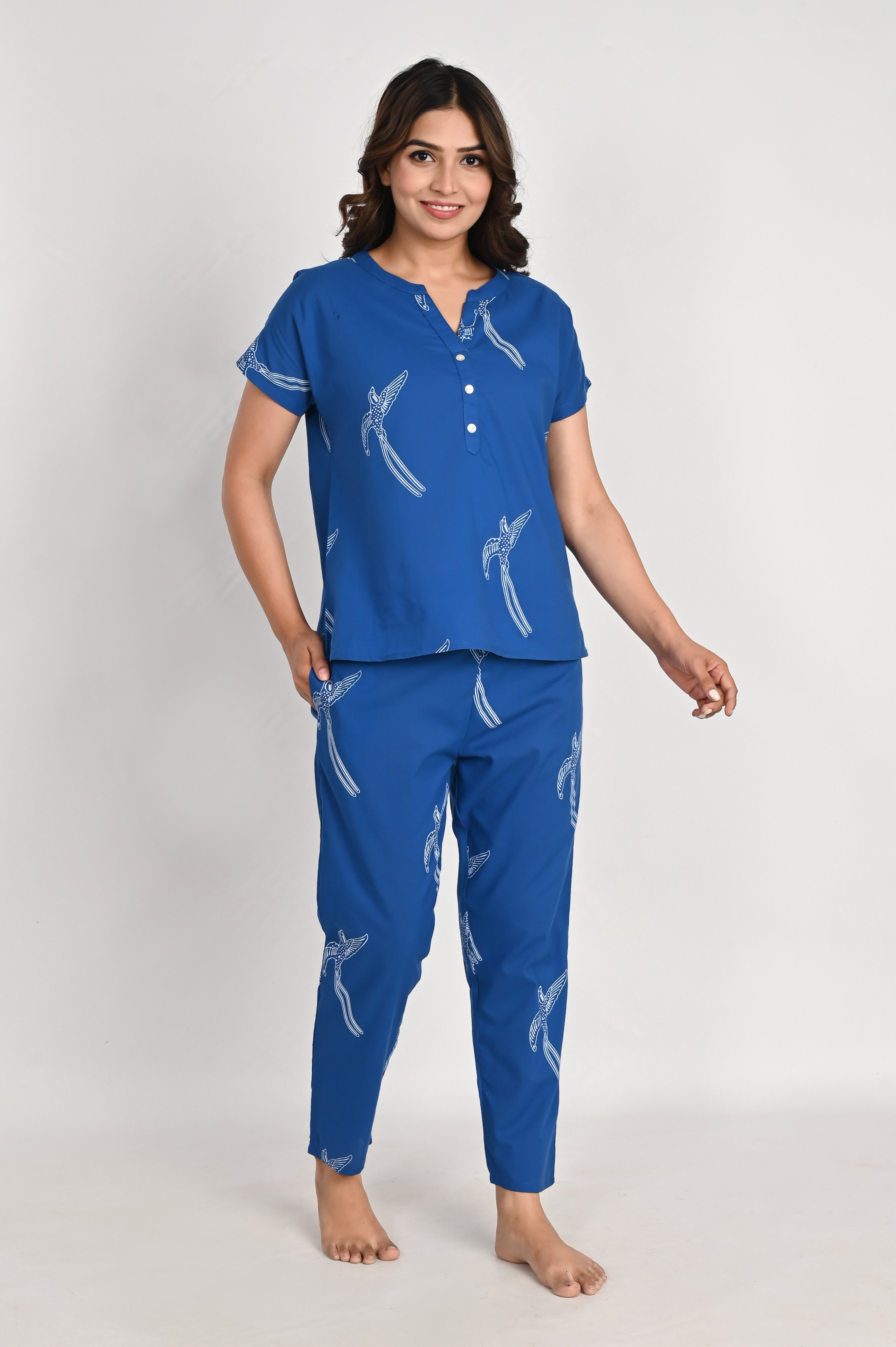 Blue Bird Print Cotton Night Suit Set for Women