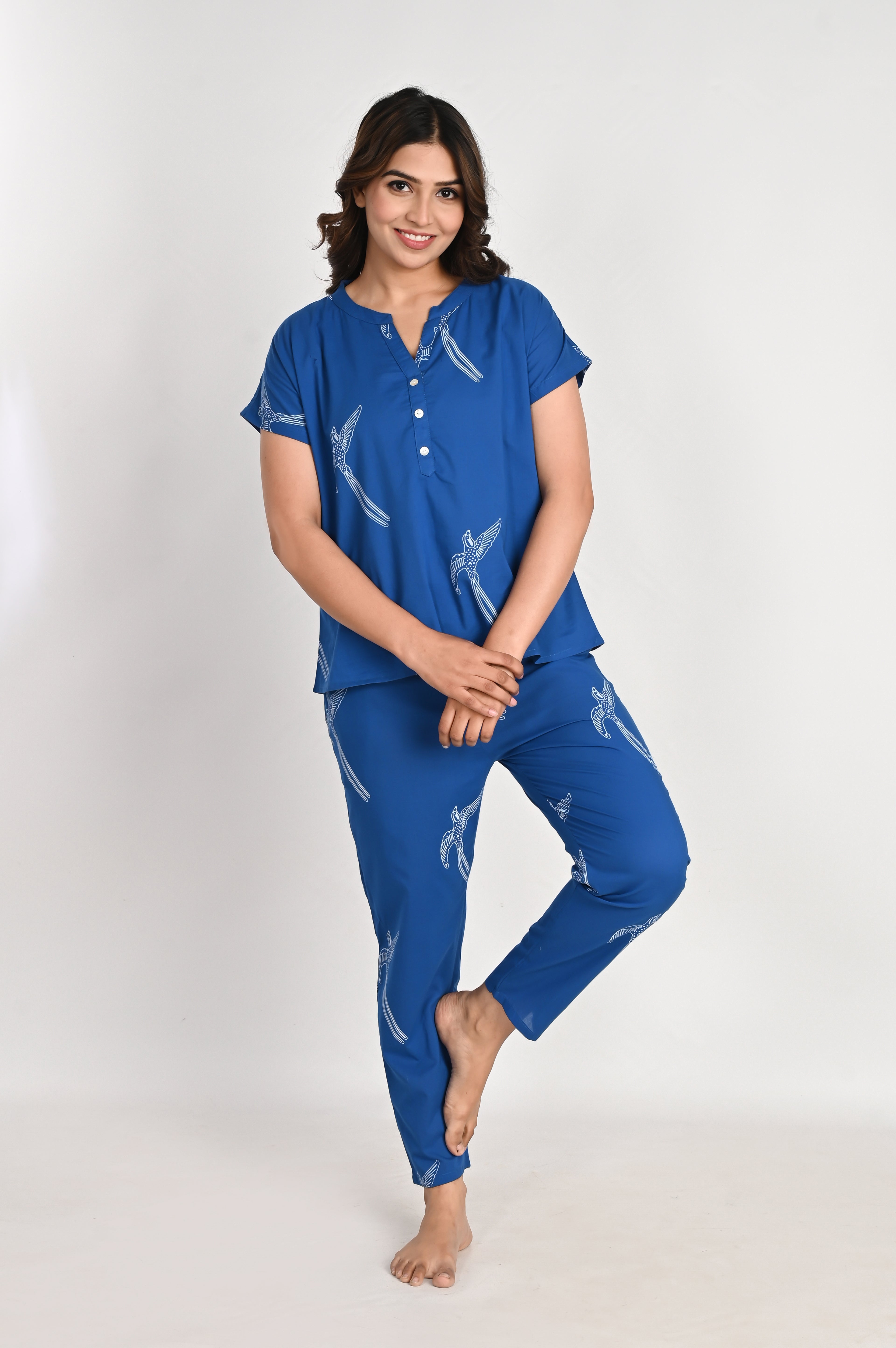 Blue Bird Print Cotton Night Suit Set for Women