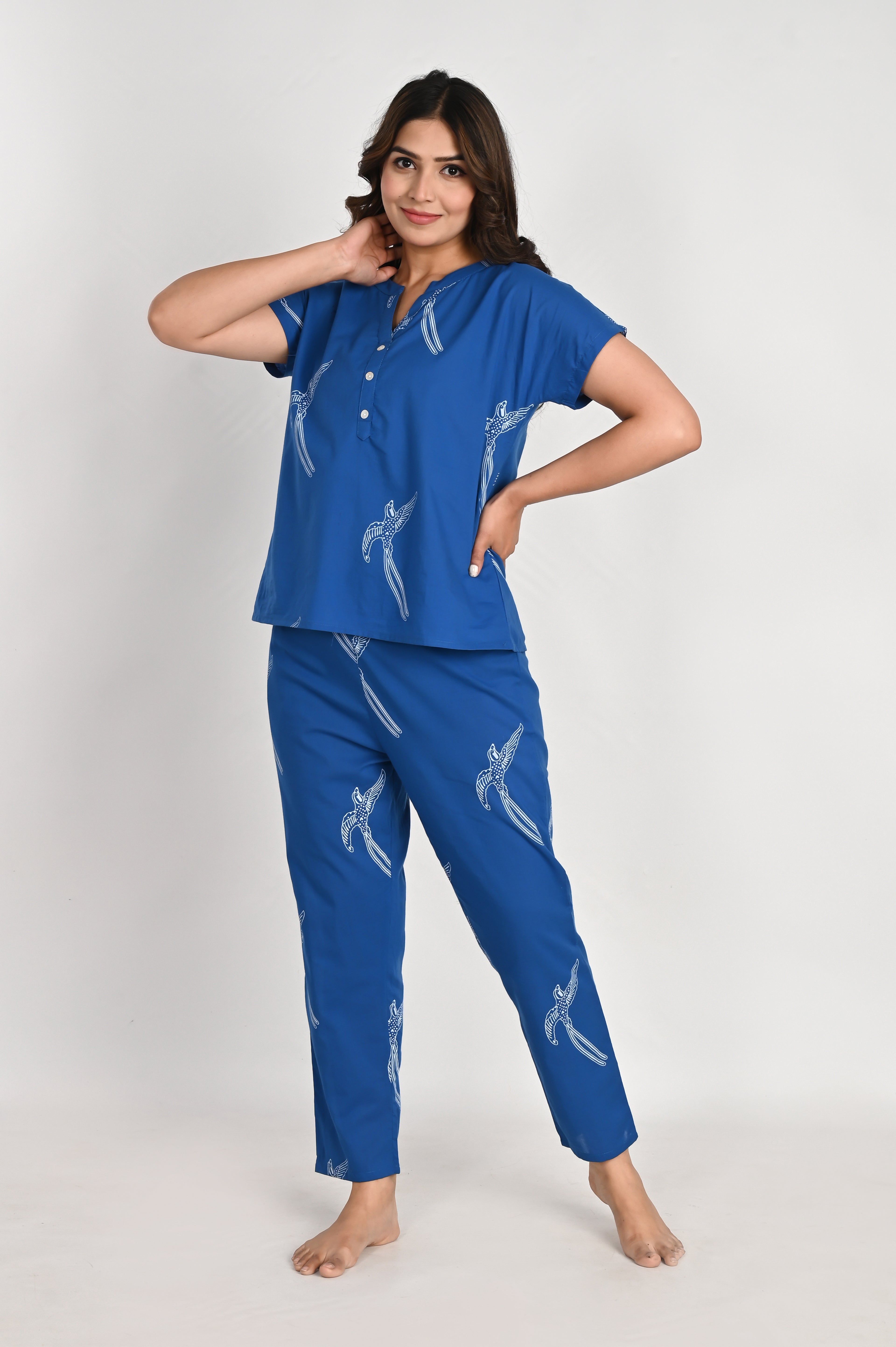 Blue Bird Print Cotton Night Suit Set for Women