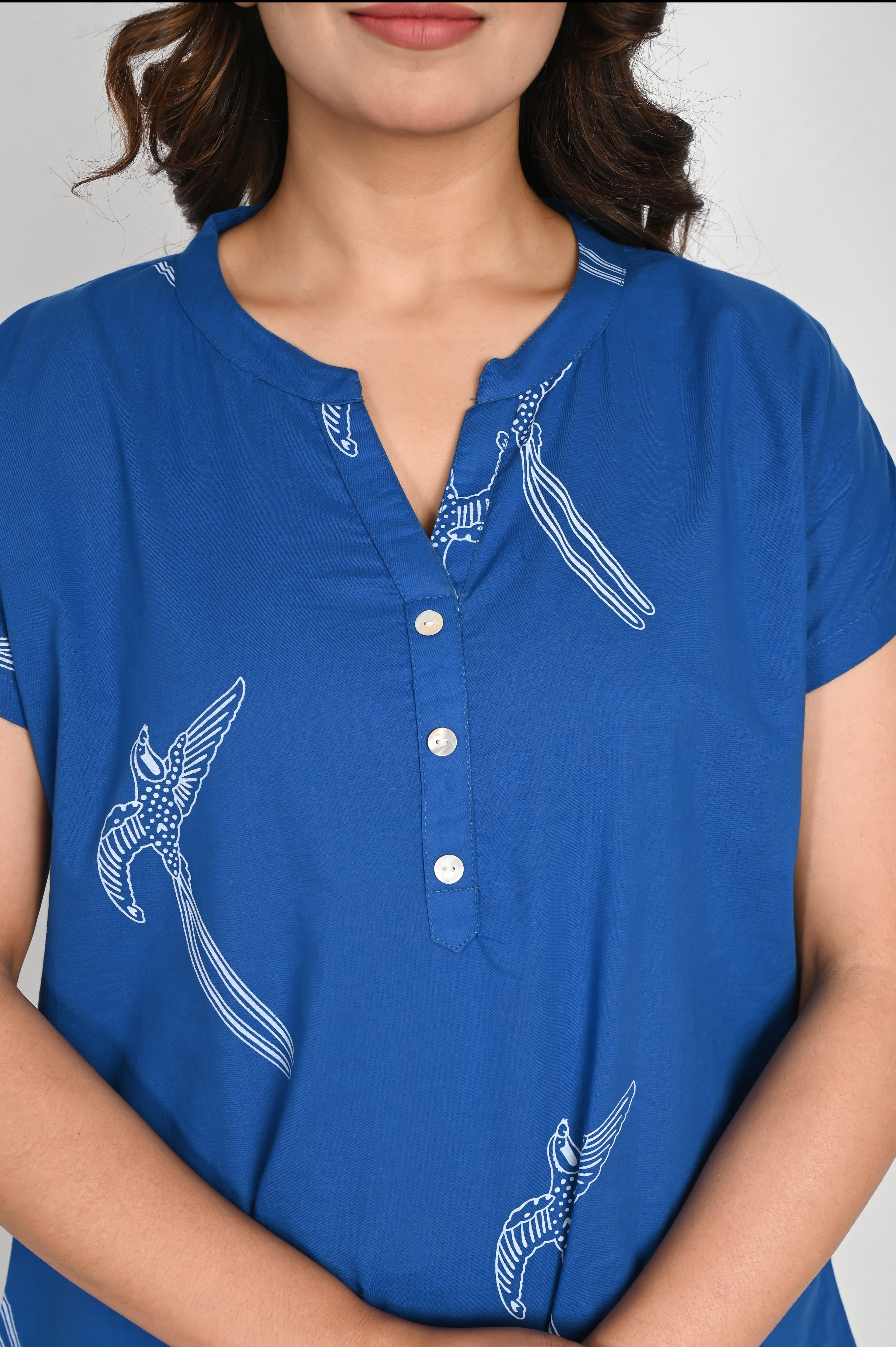 Blue Bird Print Cotton Night Suit Set for Women