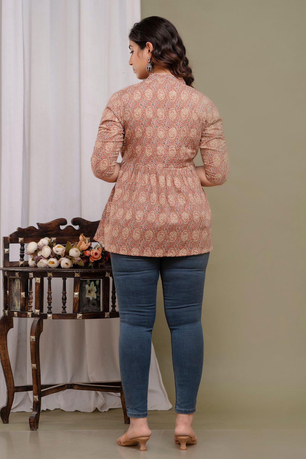 Stylish Brown Cotton Printed Top with Gathered Waist & Button Front