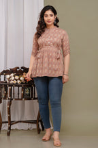 Stylish Brown Cotton Printed Top with Gathered Waist & Button Front