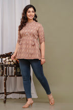 Stylish Brown Cotton Printed Top with Gathered Waist & Button Front
