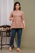 Stylish Brown Cotton Printed Top with Gathered Waist & Button Front