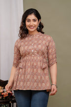 Stylish Brown Cotton Printed Top with Gathered Waist & Button Front