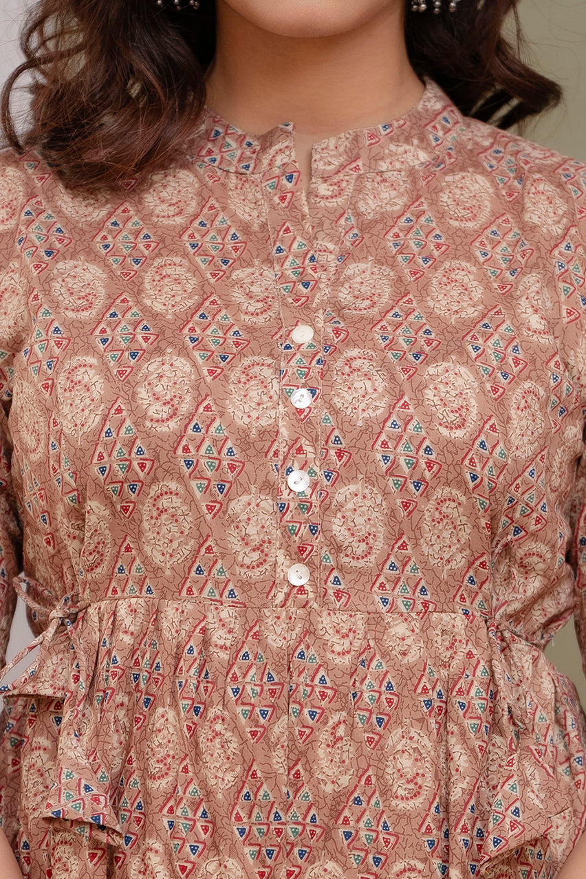 Stylish Brown Cotton Printed Top with Gathered Waist & Button Front