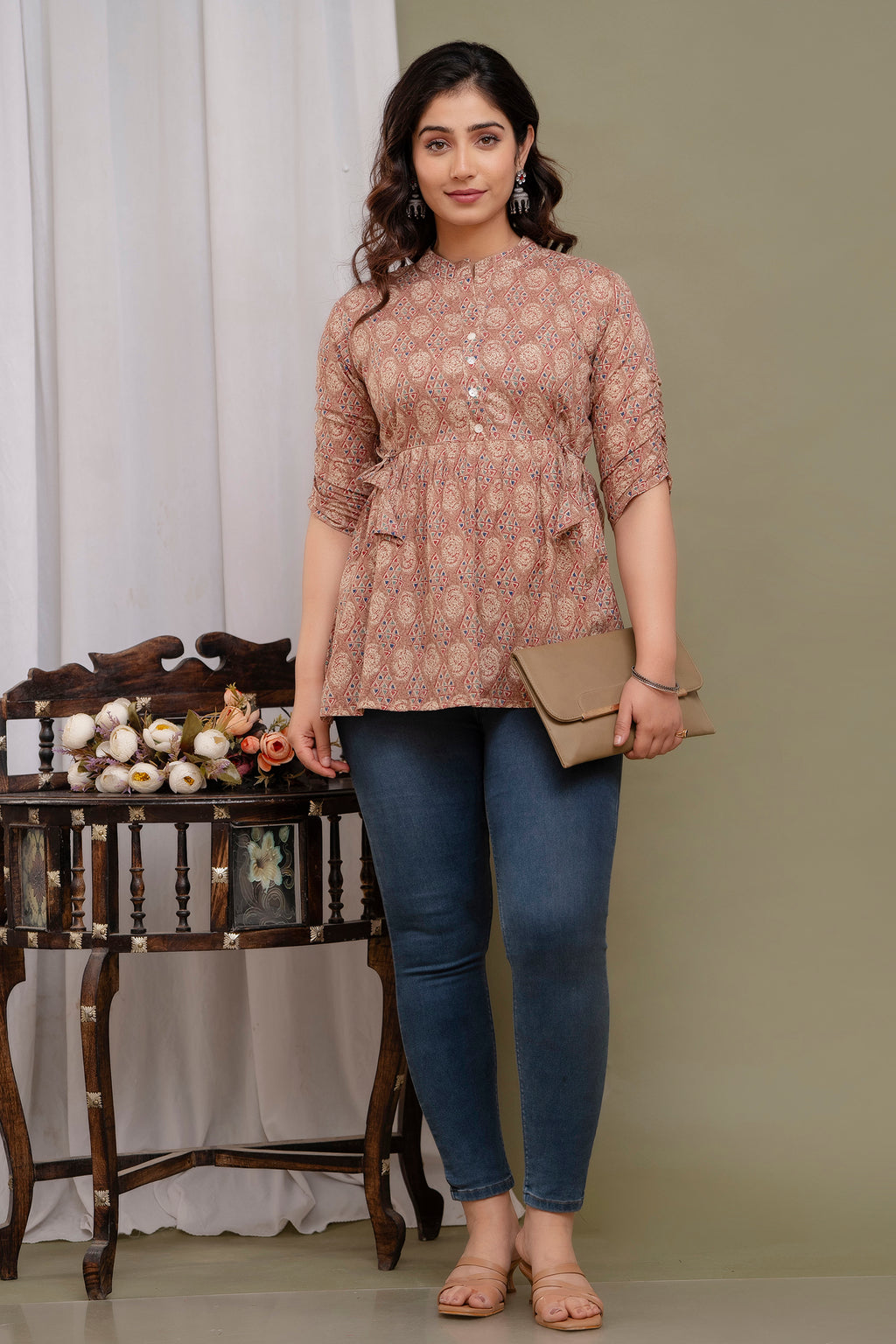 Stylish Brown Cotton Printed Top with Gathered Waist & Button Front