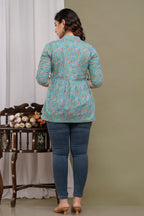 "Casual Printed Cotton Short Kurti Top with Button Front – Blue"