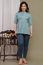 "Casual Printed Cotton Short Kurti Top with Button Front – Blue"