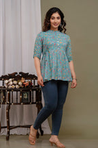 "Casual Printed Cotton Short Kurti Top with Button Front – Blue"