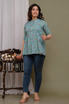 "Casual Printed Cotton Short Kurti Top with Button Front – Blue"