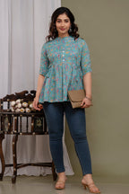 "Casual Printed Cotton Short Kurti Top with Button Front – Blue"