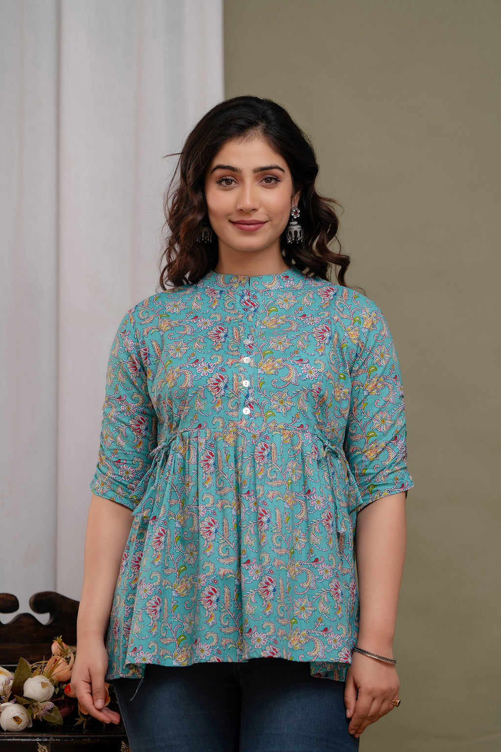 "Casual Printed Cotton Short Kurti Top with Button Front – Blue"