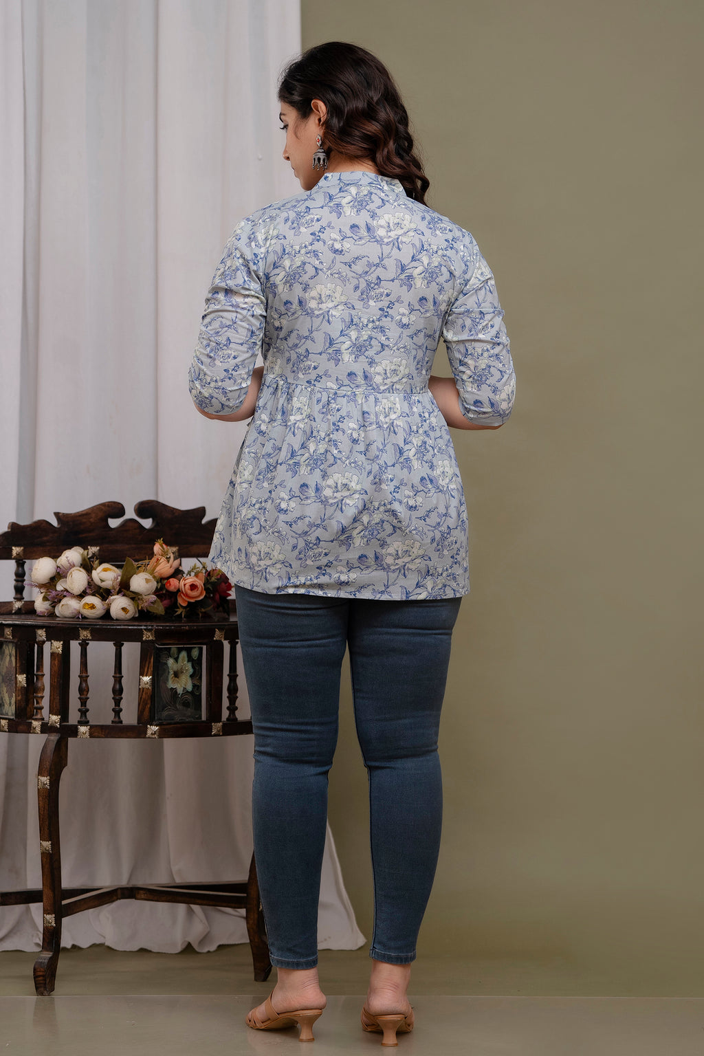 "Floral Print Cotton Peplum Short Kurti for Women – Light Blue"