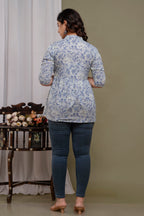 "Floral Print Cotton Peplum Short Kurti for Women – Light Blue"