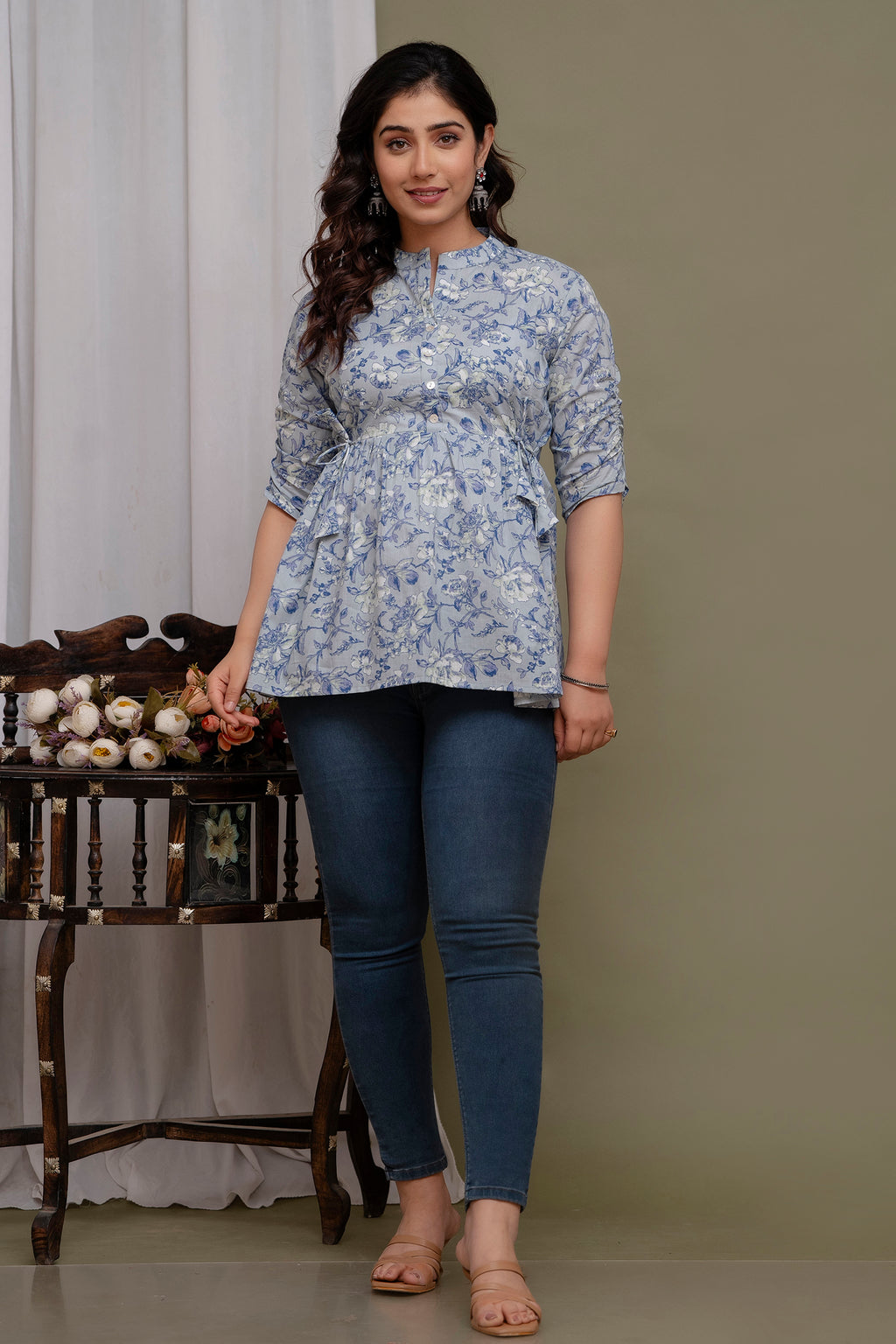 "Floral Print Cotton Peplum Short Kurti for Women – Light Blue"