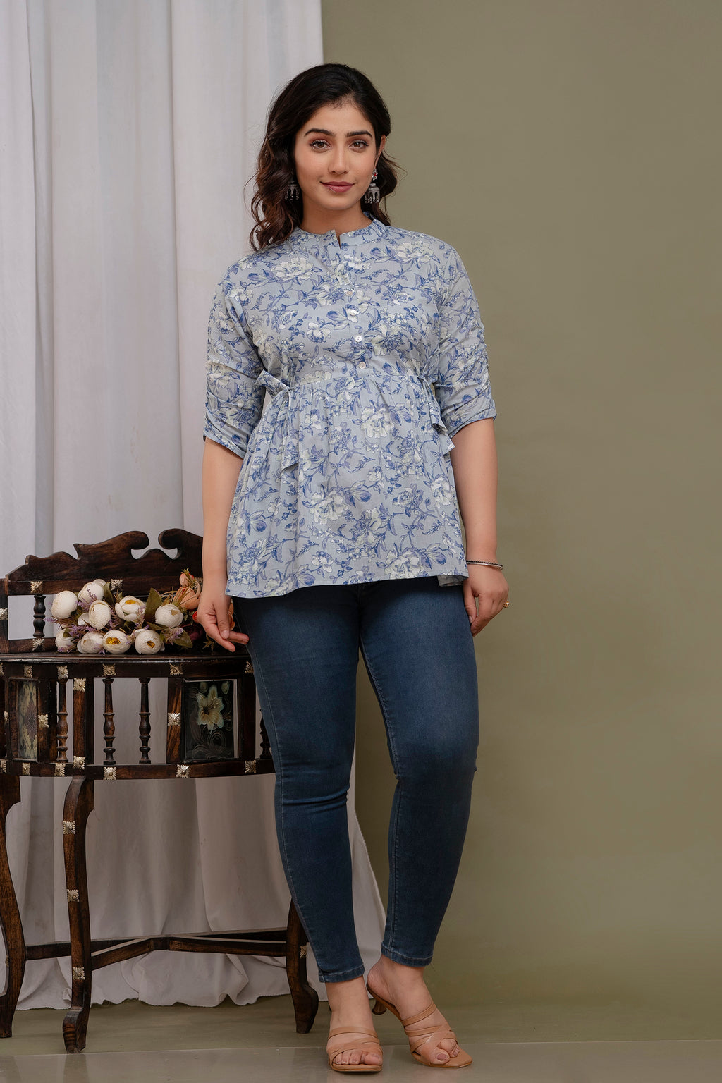"Floral Print Cotton Peplum Short Kurti for Women – Light Blue"