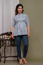 "Floral Print Cotton Peplum Short Kurti for Women – Light Blue"
