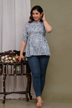 "Floral Print Cotton Peplum Short Kurti for Women – Light Blue"