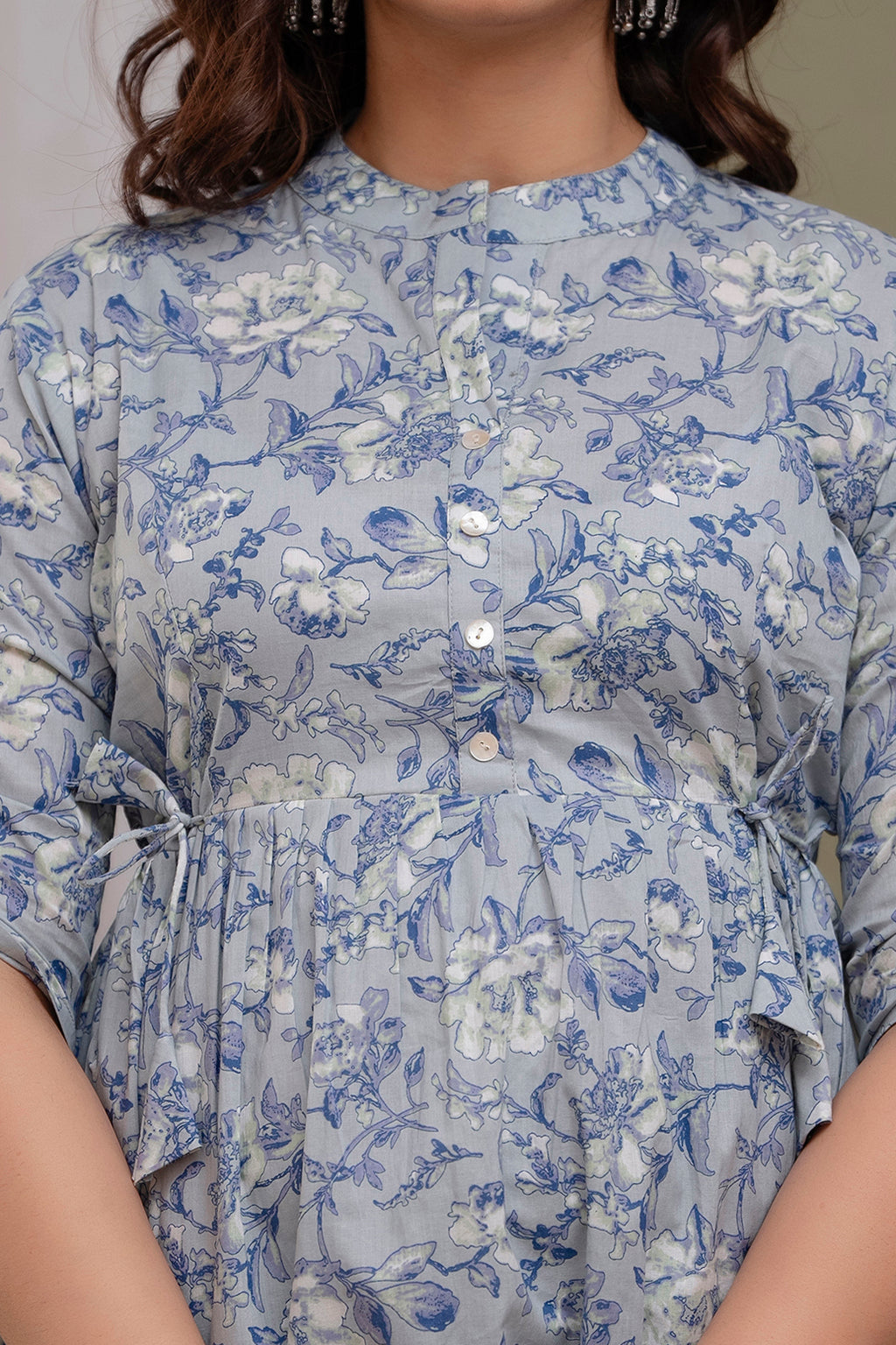 "Floral Print Cotton Peplum Short Kurti for Women – Light Blue"