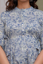 "Floral Print Cotton Peplum Short Kurti for Women – Light Blue"