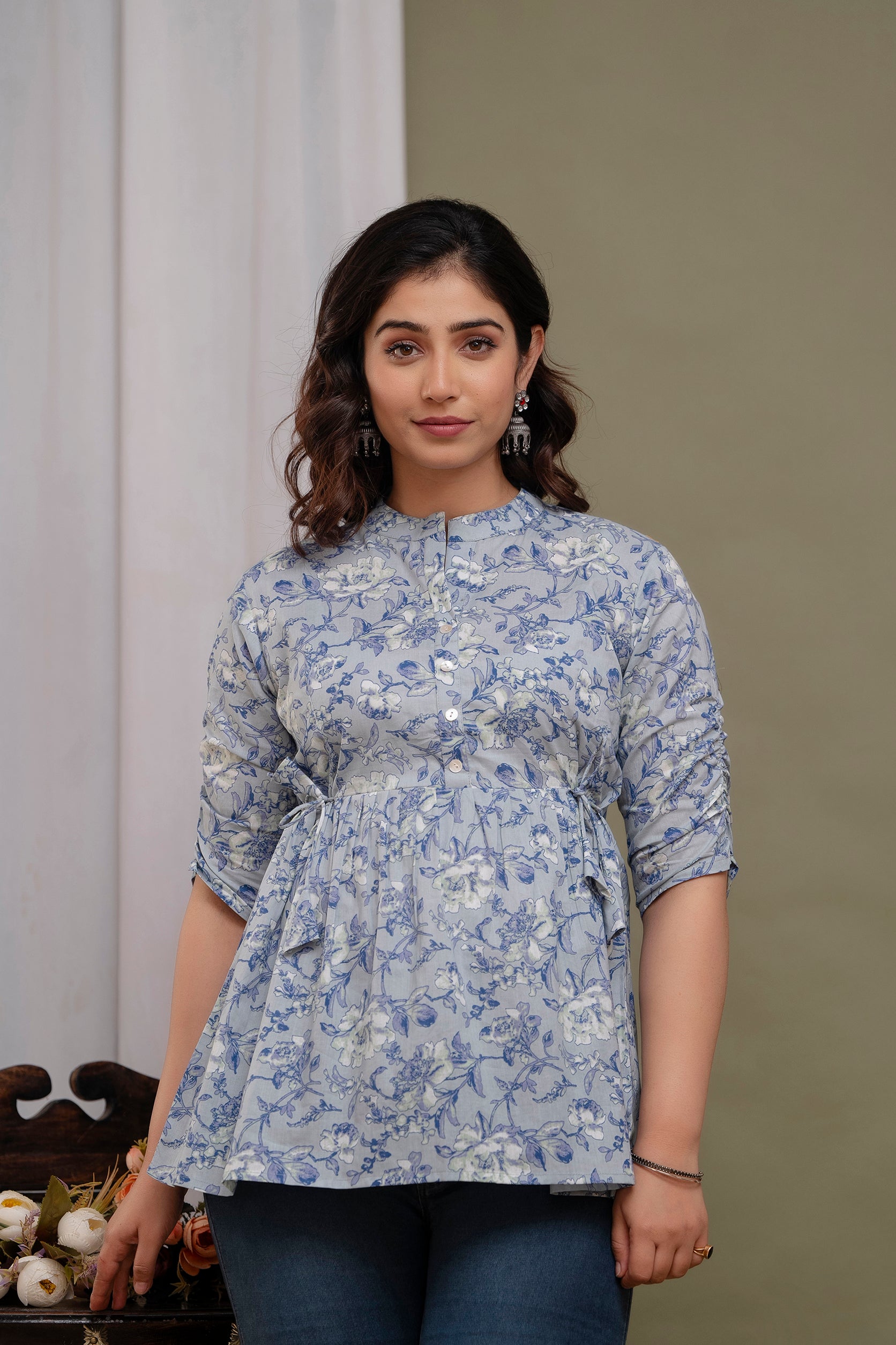 "Floral Print Cotton Peplum Short Kurti for Women – Light Blue"