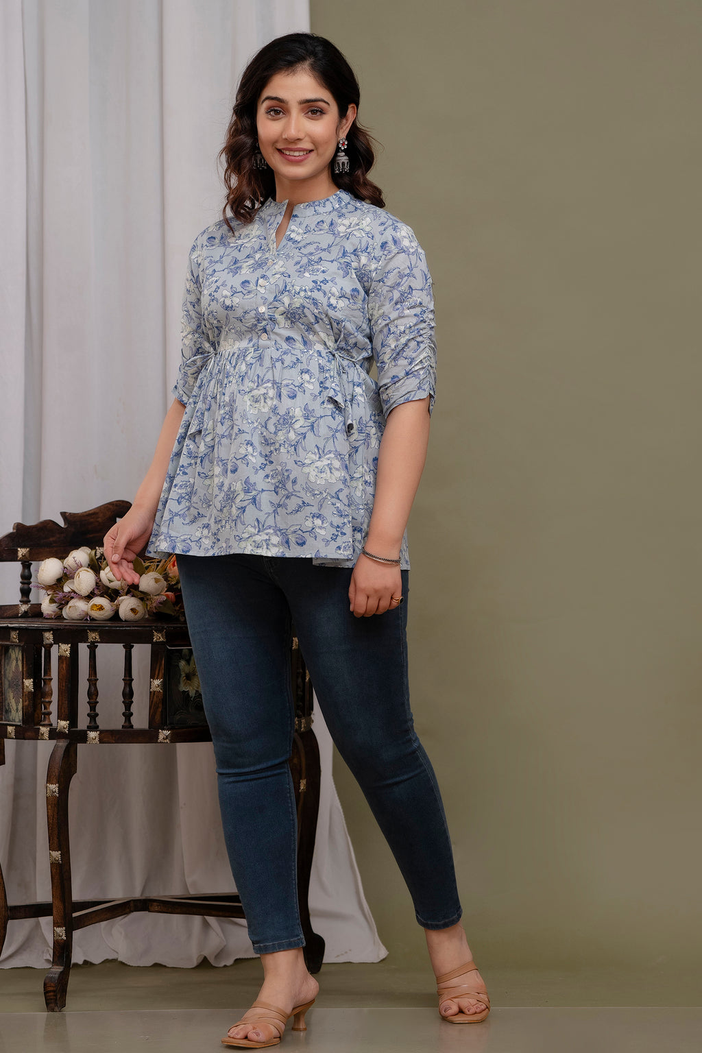 "Floral Print Cotton Peplum Short Kurti for Women – Light Blue"